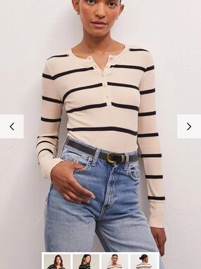Zsupply Striped Long-Sleeve Henley Top in Cream and Black